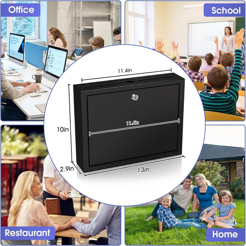 MaxGear صندوق اقتراحات معدني مع قفل وفتحة، 3W x 10H x 13L بوصة صندوق بريد مثبت على الحائط لقفل المكتب، صندوق اقتراع مع 2 مفتاح للدفع، مثالي للمكتب أو المنزل، أسود - Image 5